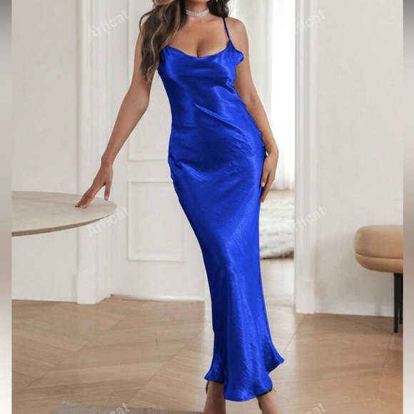 Blue Satin Maxi Dress with Cowl Neckline & Spaghetti Straps - Picture 3 of 13